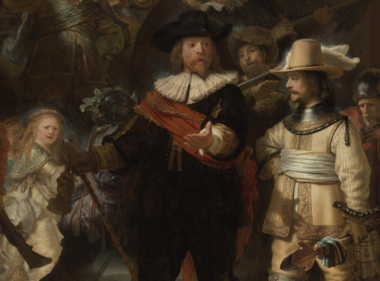 dutch golden age: Rembrandt van Rijn, The Night Watch, 1642, Amsterdam Museum, on permanent loan to the Rijksmuseum, Amsterdam, Netherlands. Detail.
