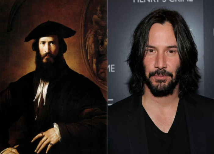 Doppelgängers in Art: Left: Parmigianino, Portrait of a Man, 1520s-1530s, Uffizi Gallery, Florence, Italy; Right: Actor Keanu Reeves.  Cosmopolitan.

