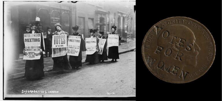 suffragette penny: Suffragettes on a London street, Bain News Service, 1900 / Votes for Women Suffragette Penny, 1903.
