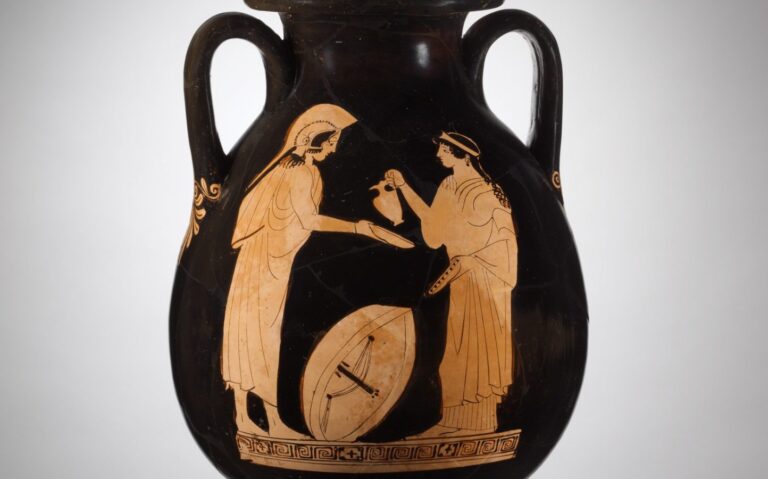 ancient greek pottery: Terracotta pelike jar, ca. 470 BCE, attributed to the Altamura Painter, Metropolitan Museum of Art, New York, NY, USA.
