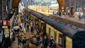 railway station paintings: Stanhope Alexander Forbes, The Terminus, Penzance Station, Cornwall, 1925, National Railway Museum, York, UK. Detail.
