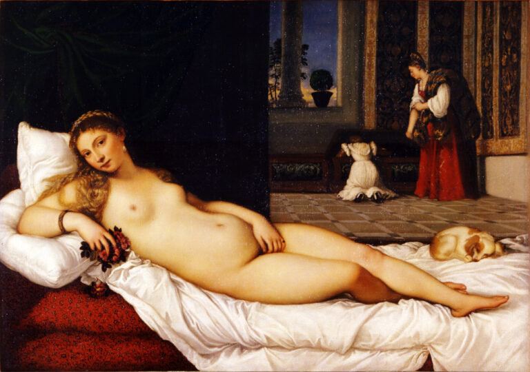 dogs women portraits: Titian, Venus of Urbino, 1538, Uffizi Gallery, Florence, Italy.
