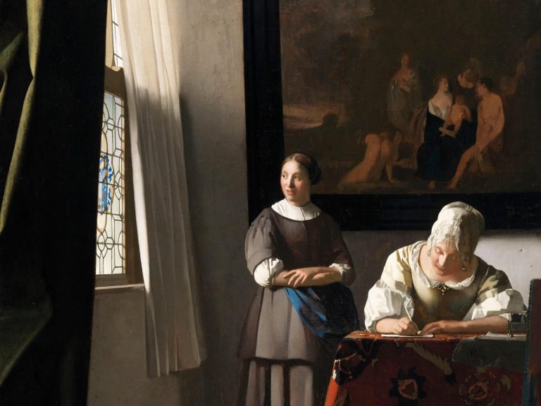 Johannes Vermeer facts: Johannes Vermeer, Lady Writing a Letter With Her Maid (c. 1670–71), National Gallery of Ireland in Dublin, Ireland. Wikimedia Commons (public domain). Detail.
