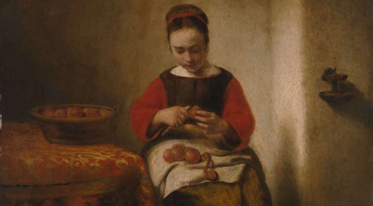 woman peeling apples Maes: Nicolaes Maes, Young Woman Peeling Apples, c. 1655. The Metropolitan Museum of Art, New York, NY, USA. Bequest of Benjamin Altman, 1913. Detail.
