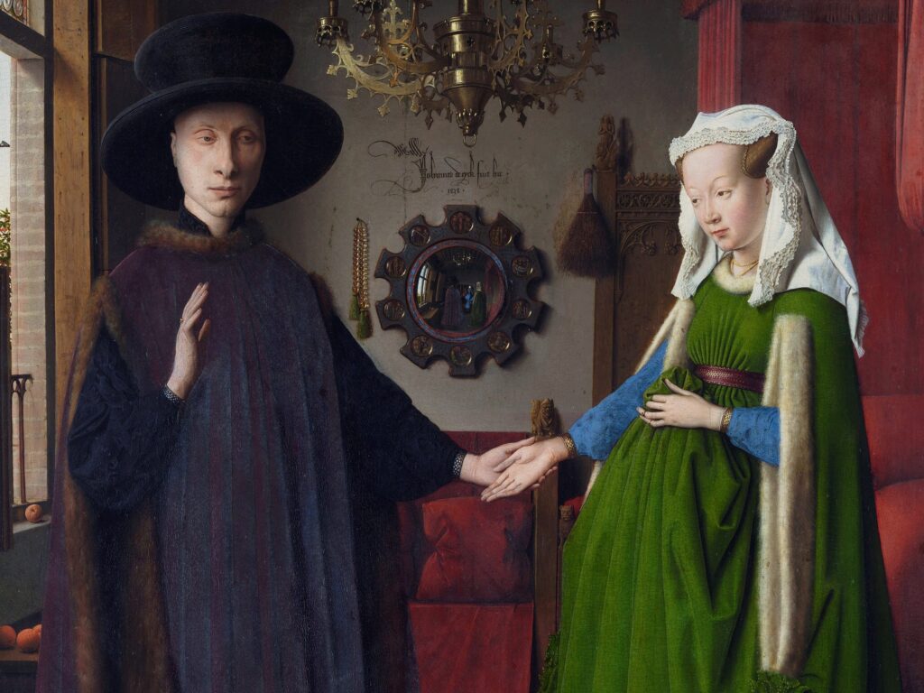 Arnolfini Portrait: Jan van Eyck, Portrait of Giovanni(?) Arnolfini and his Wife, 1434, The National Gallery, London, UK. Detail.
