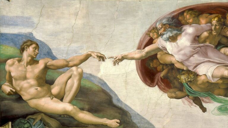 Artist and Patron: Michelangelo, The Creation of Adam, c. 1512, fragment of the Sistine Chapel ceiling frescoes, Sistine Chapel, Vatican City, Vatican. Detail.

