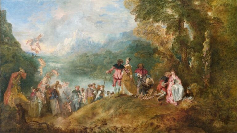 Watteau Isle of Cythera: Jean-Antoine Watteau, Pilgrimage to the Isle of Cythera, 1717, Louvre, Paris, France.
