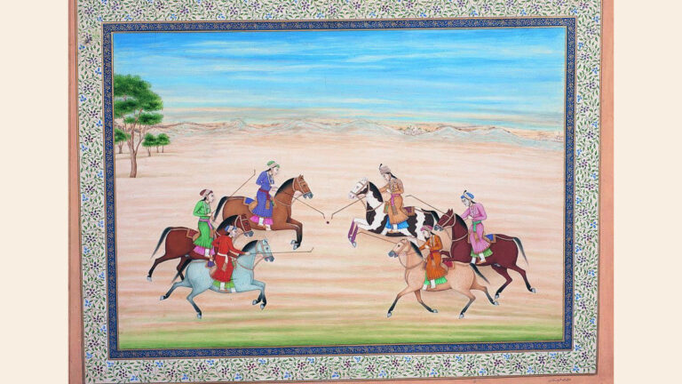 Nur Jahan: Ustad Haji Muhammad Sharif, Mughal Queen Nur Jahan Playing Polo with Other Princesses, ca. 18th – 19th century, Mughal India. Source: Ruby Lal photo gallery.
