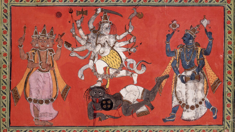 Hindu Trinity: Shiva Performing the Dance of Bliss while Vishnu and Brahma Provide Musical Accompaniment, ca. 1730, Andhra Pradesh (India), LACMA, Los Angeles, CA, USA.
