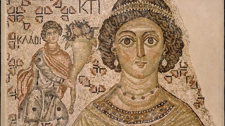 Ktisis mosaic: Fragment of a Floor Mosaic with a Personification of Ktisis, 500–550 CE, with modern restoration, Metropolitan Museum of Art, New York, USA.
