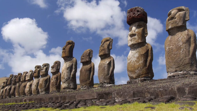 Moai of Easter Island: Row of Moai on the shores of Easter Island. One with the hat. June 2018. Source: Weather Channel
