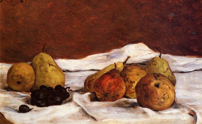 autumnal still lifes: Paul Gauguin, Pears and Grapes, 1875, private collection. WikiArt. Detail.
