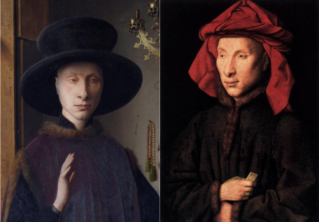 Left: Jan van Eyck, The Arnolfini Portrait (detail), 1434, The National Gallery, London, England; Right: Jan van Eyck, Portrait of Giovanni Arnolfini, c. 1435, Gemäldegalerie, Berlin, Germany.