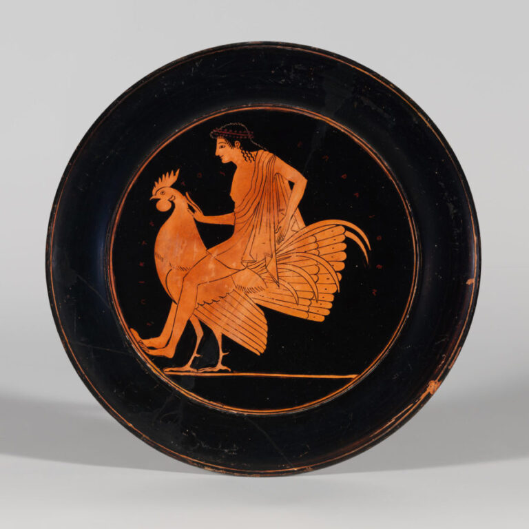 Greek pottery: Signed by Epiktetos as painter, terracotta plate, ca. 520-510 BC, Metropolitan Museum of Art, New York City, NY, USA.
