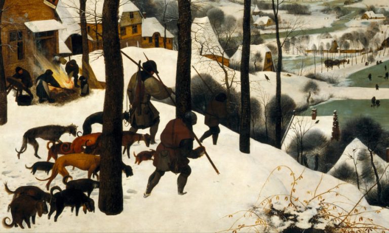 hunters in the snow movies: Pieter Bruegel the Elder, Hunters in the Snow, 1565, Kunsthistorisches Museum, Vienna, Austria. Detail.
