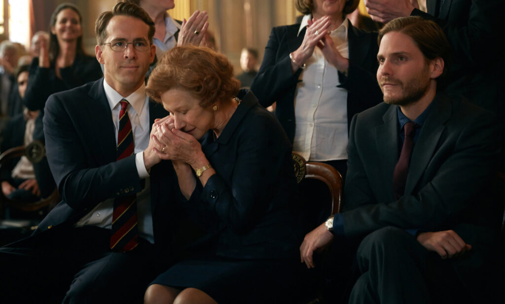 Republic of Austria vs. Altmann: Ryan Reynolds, Helen Mirren, and Daniel Bruhl in "Woman in Gold." Robert Viglasky/The Weinstein Company