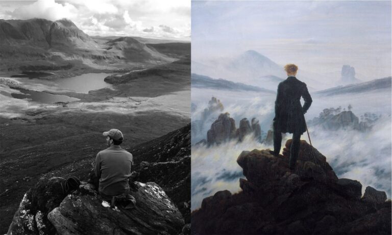 21st Century Grand Tour: Left: View from Stac Pollaidh, Highlands, Scotland, UK. Courtesy of the author; Right: Caspar David Friedrich, The Wanderer Above the Sea of Fog, 1819 Kunsthalle Museum, Hamburg, Germany. Detail.
