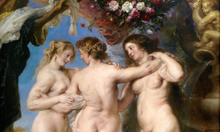 female body in art: Peter Paul Rubens, The Three Graces, 1630-35, Museo Nacional del Prado, Madrid, Spain. Detail.
