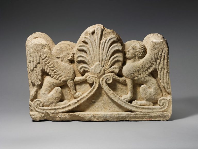 funerary stelae Cyprus: Cypro-Classical limestone grave relief with two sphinxes, late 5th century BCE, The Metropolitan Museum of Art, New York, NY, USA.
