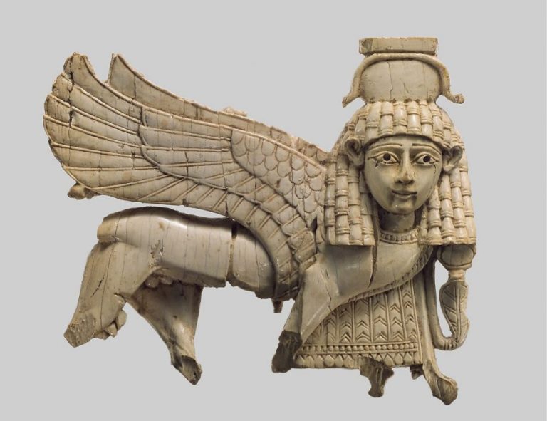 ancient ivory carvings: Openwork plaque with a striding sphinx, 9th-8th century BCE, Neo-Assyrian Period, The Metropolitan Museum of Art, New York, NY, USA.
