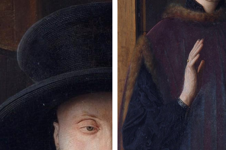 Arnolfini Portrait: Jan van Eyck, Portrait of Giovanni(?) Arnolfini and his Wife, 1434, The National Gallery, London, UK. Details.
