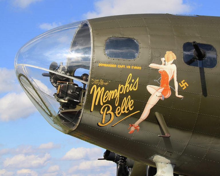 Nose Art by pilots: “Memphis Belle” Nose Art, photographed by Robert J Bourke, 2016. National Museum of the United States Air Force.
