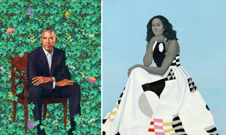 Obamas' official portraits: Left: Kehinde Wiley, Barack Obama, 2018, National Portrait Gallery, Washington, DC, USA. Museum’s website; Right: Amy Sherald, Portrait of Michelle Obama, 2018, National Portrait Gallery, Washington, DC, USA. Museum’s website.


