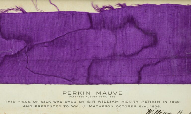 art history colors: Sir William Henry Perkin, Perkin Mauve, 1860, National Museum of American History, Washington, DC, USA. Detail.
