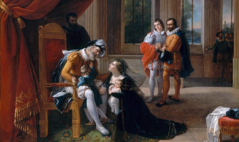 King pedro and inês de castro: Eugénie Servières, Inês de Castro with her children at the feet of Alfonso IV, King of Portugal, seeking clemency for her husband, Don Pedro, in 1335, 1822, Palace of Versailles, Versailles, France. Detail.
