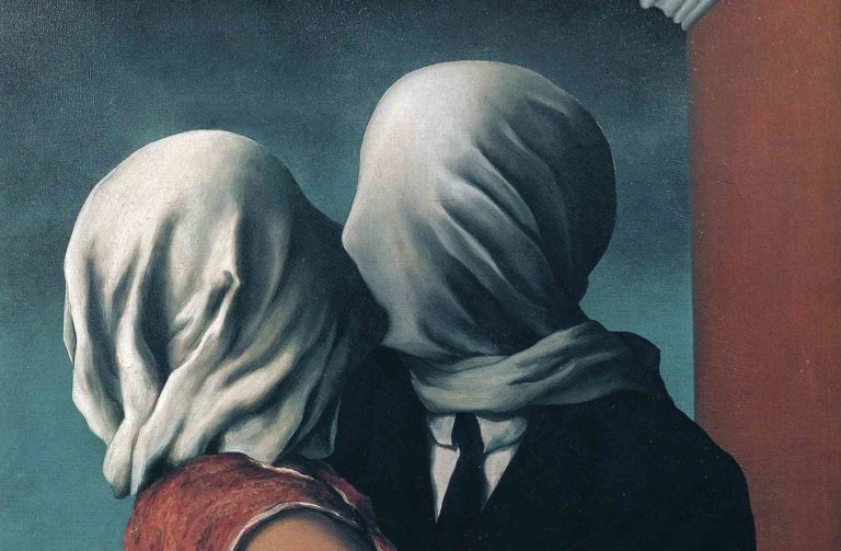 magritte weird paintings: René Magritte, The Lovers II, 1928, Museum of Modern Art, New York, NY, USA. Detail.

