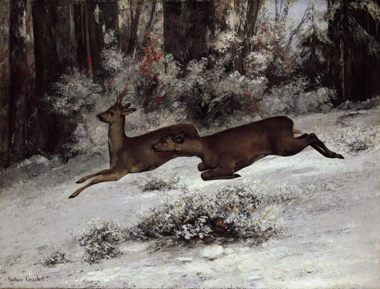 wilhelm hansens impressionist collection: Gustave Courbet, The Ruse, Roe Deer Hunting Episode, Franche-Comté, 1866, Ordrupgaard Museum, Denmark
