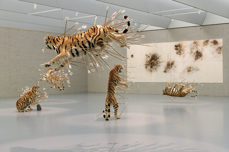 Taxidermy in art: Cai Guo Qiang, Inopportune: Stage two, 2004, Kröller-Müller Museum, Otterlo, Netherlands. Kröller-Müller Museum.
