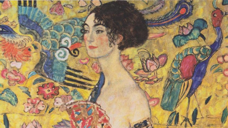 lady with fan klimt: Gustav Klimt, Lady with a Fan, 1917–1918, private collection. Photograph by Markus Guschelbauer via Belvedere. Detail.
