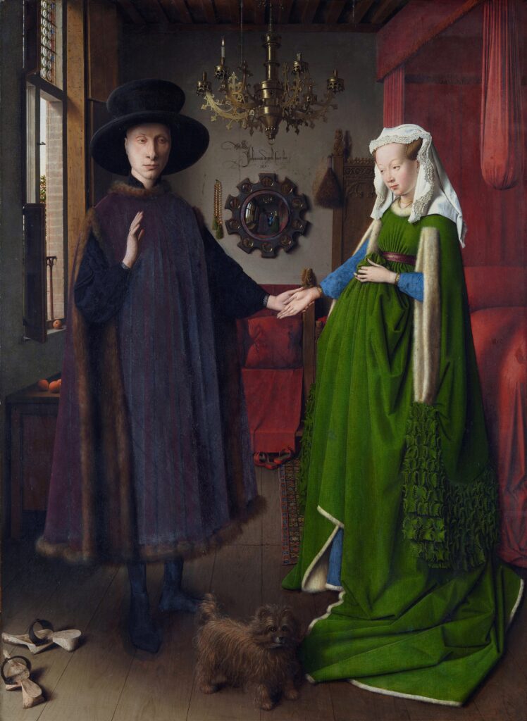Arnolfini Portrait: Jan van Eyck, Portrait of Giovanni(?) Arnolfini and his Wife, or Arnolfini Portrait, 1434, The National Gallery, London, UK.
