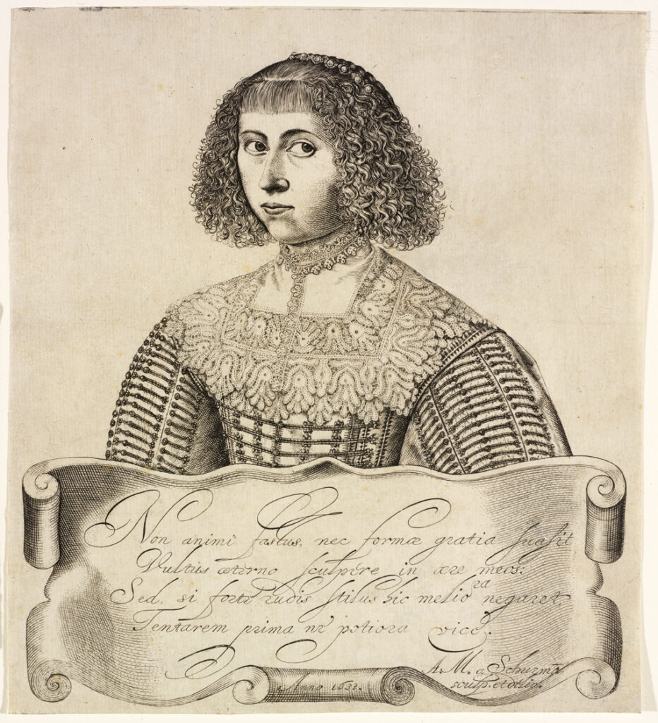 Engraving of a 3/4 portrait of a Caucasian woman with 17th-century Dutch dress and no cap. Below is a cartouche identifying the sitter as also the engraver Anna Maria van Schurman; Dutch Golden Age Women