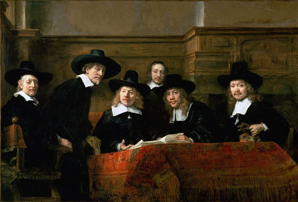 dutch golden age: Rembrandt van Rijn, The Sampling Officials of the Amsterdam Drapers’ Guild, known as The Syndics, 1662, Rijksmuseum, Amsterdam, Netherlands.

