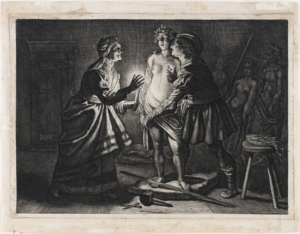 ngraving with three figures in a workshop. A woman on the right with man on the left and figure of Pygmalion in the middle. Dutch Golden Age Women Artists