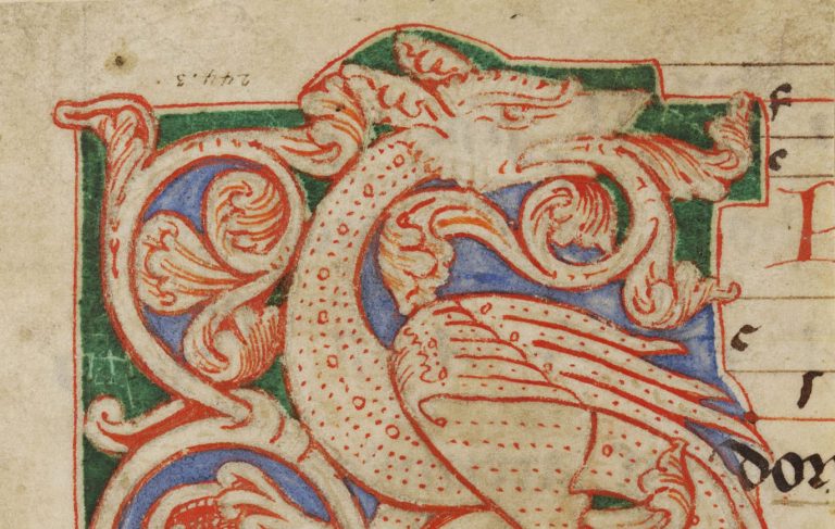 medieval dragons: Leaf from choir-book with initial S in red pen-work on green and blue ground depicting a dragon, 244:3, , Netherlandish,  late 12th century. © V&A Museum. Detail.

