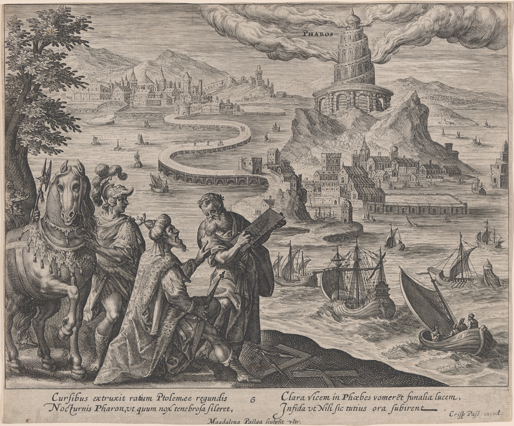 Engraving of a three figures and a horse in the foreground and the Lighthouse of Alexandria in the background. In between is a body of water with various bridges and ships. On land are numerous buildings. Dutch Golden Age Women Artists.