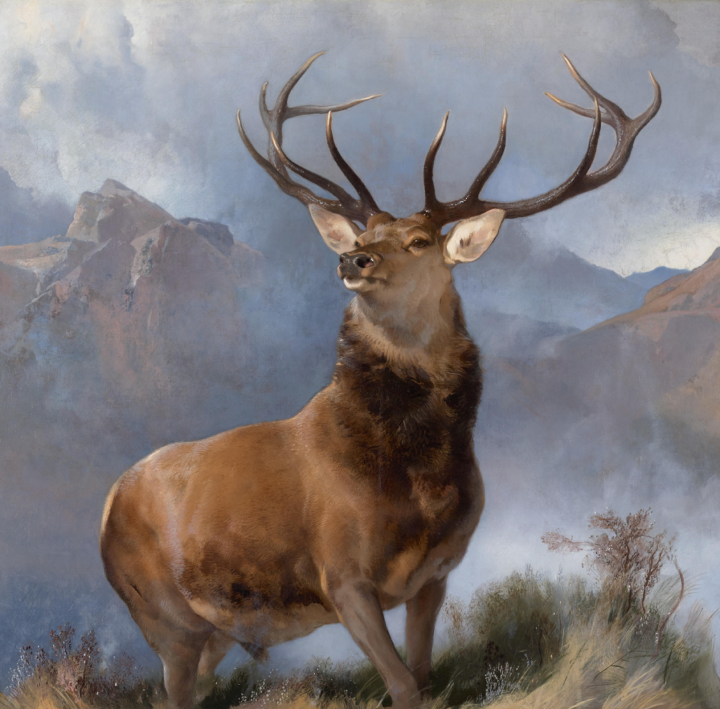 painting of a stag on a mountain background