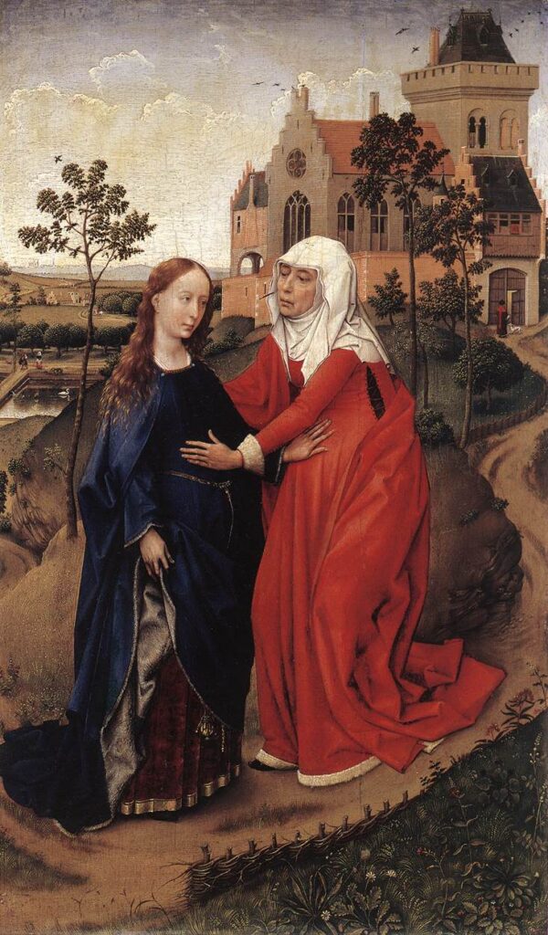 pregnancy in art: Rogier van der Weyden, Visitation, 1445, Museum der Bildenden Künste, Leipzig, Germany.
