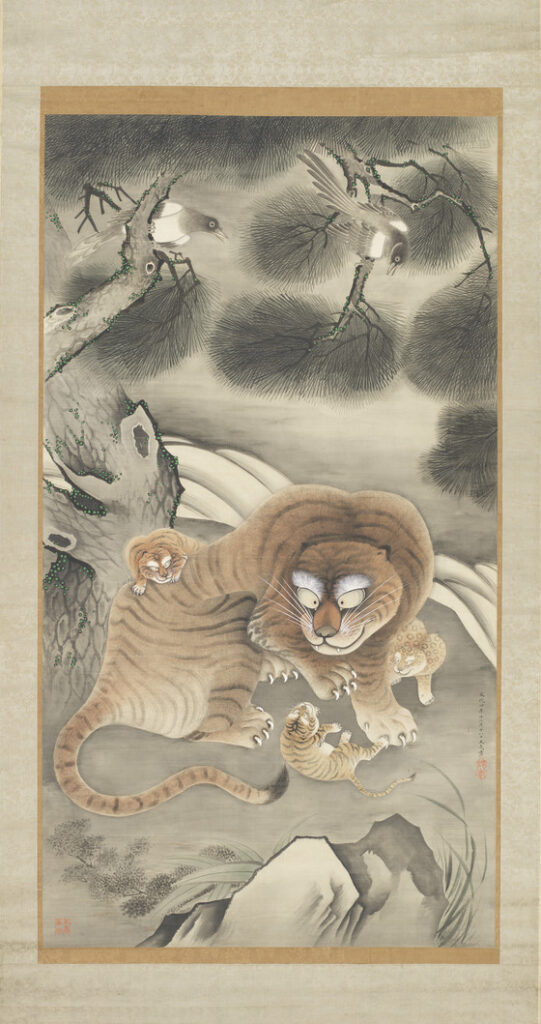 Japanese scroll of a tiger family with magpies