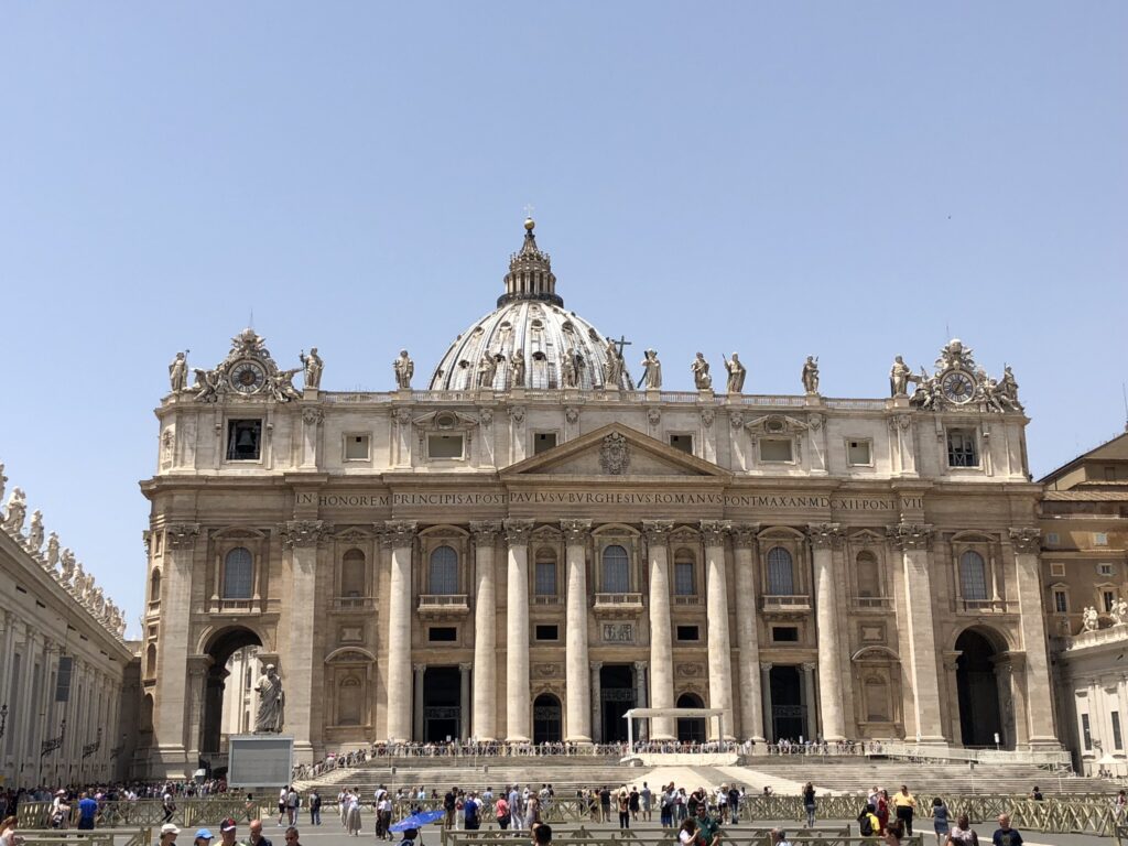 St. Peter’s Basilica: Vie of St. Peter’s Basilica from St. Peter’s Square, Vatican. Author’s Photograph.
