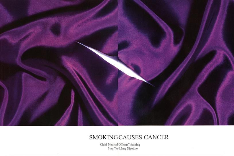 Charles Saatchi: Poster created by Charles Saatchi for the cigarette brand Silk Cut in 1983. The campaign was inspired by the Argentinian-Italian artist Lucio Fontana’s cut paintings. Campaign Live.
