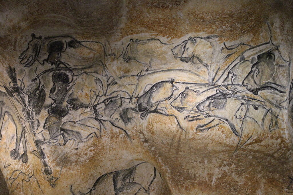 Animal Paintings: Bisons Pursued By Lions, circa 32,000–30,000 BCE, charcoal, Vallon-Pont-d’Arc, France. Photograph by Claude Valette.
