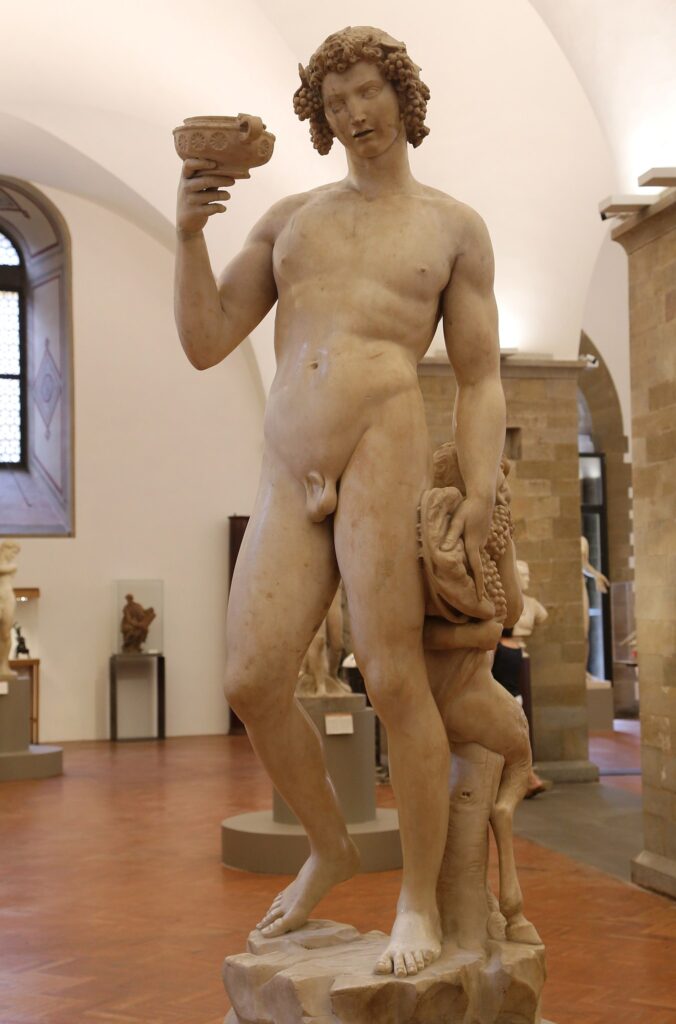 Bargello: Michelangelo Buonarroti, Bacchus, ca. 1496-1497, Bargello National Museum, Florence, Italy. Photo by Rufus46 via Wikimedia Commons (CC-BY-SA-3.0).
