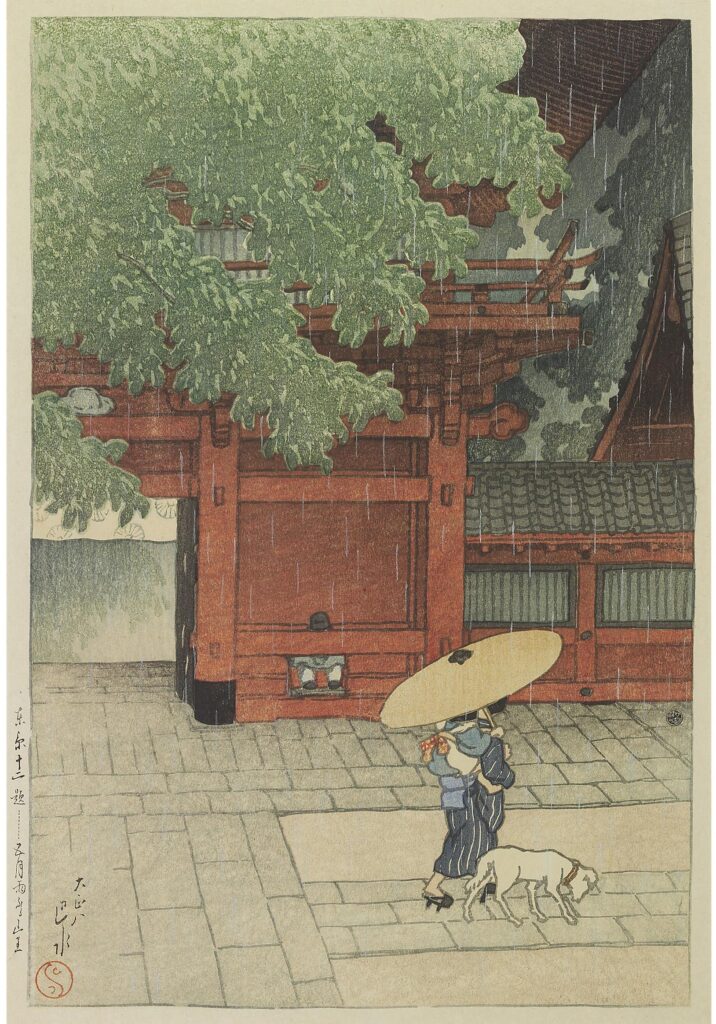 rain japanese art: Kawase Hasui, Early Summer Rain at the Sanno Shrine, c. 1919. Christie’s.
