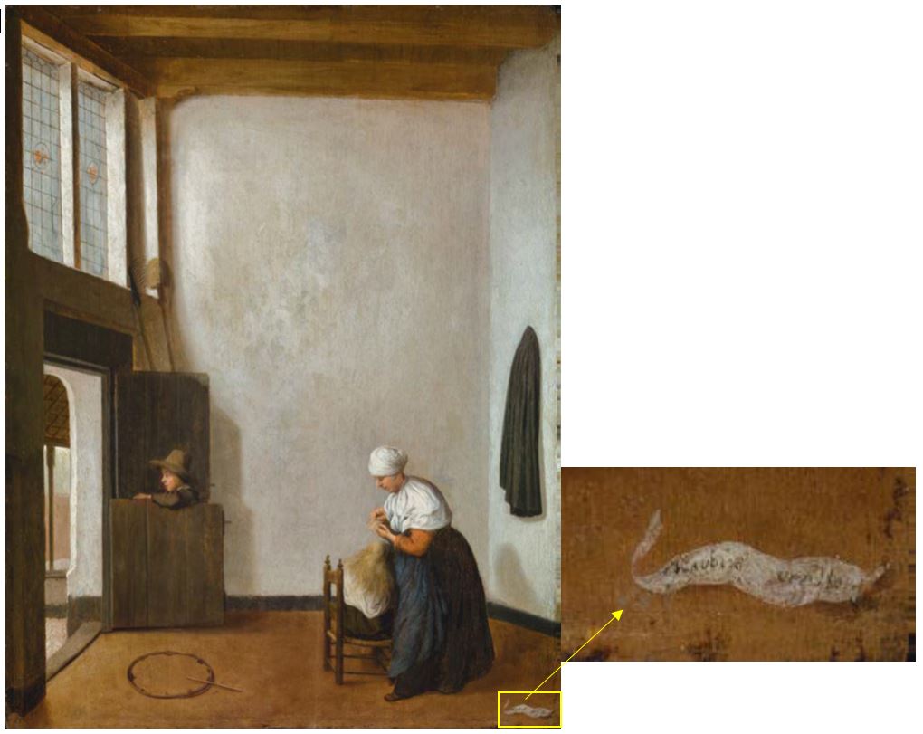 Jacobus Vrel: Left: Jacobus Vrel, Interior with a Woman Combing a Girl’s Hair, and a Boy at a Dutch Door, Detroit Institute of Arts, Detroit, MI, USA, Gift of M. Knoedler & Co.;  Right: Detail of first and last name written out as ‘Jacobus Vrel’ in Gothic type.
