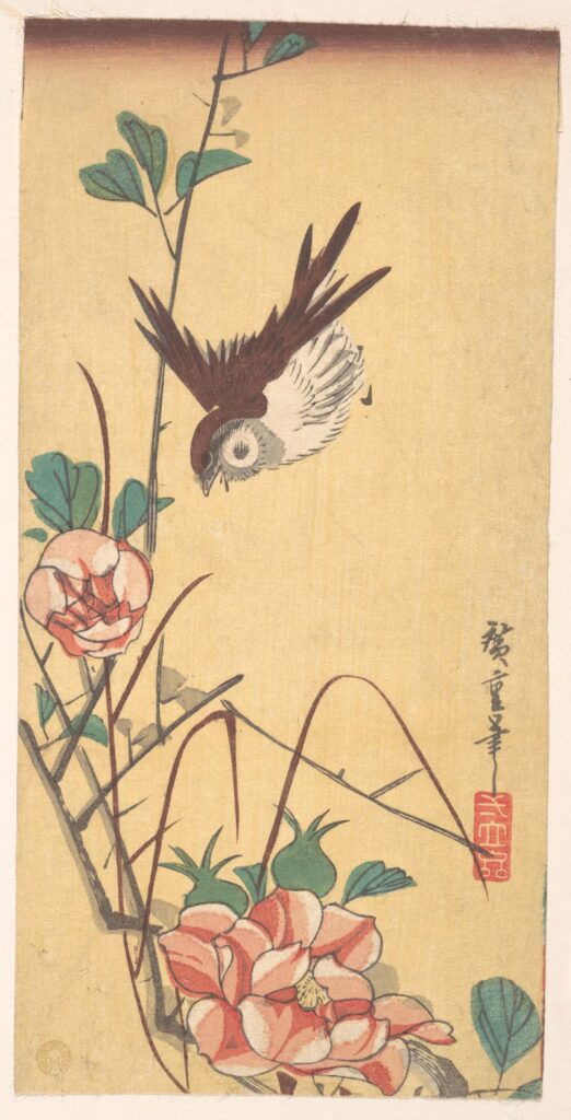 birds in art: Utagawa Hiroshige, Roses and Sparrow, c. 1833, woodblock print, The Metropolitan Museum of Art, New York, NY, USA.
