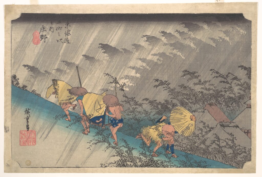 rain japanese art: Utagawa Hiroshige, Sudden Shower at Shōno, ca. 1834–35, The Metropolitan Museum of Art, New York, NY, USA.
